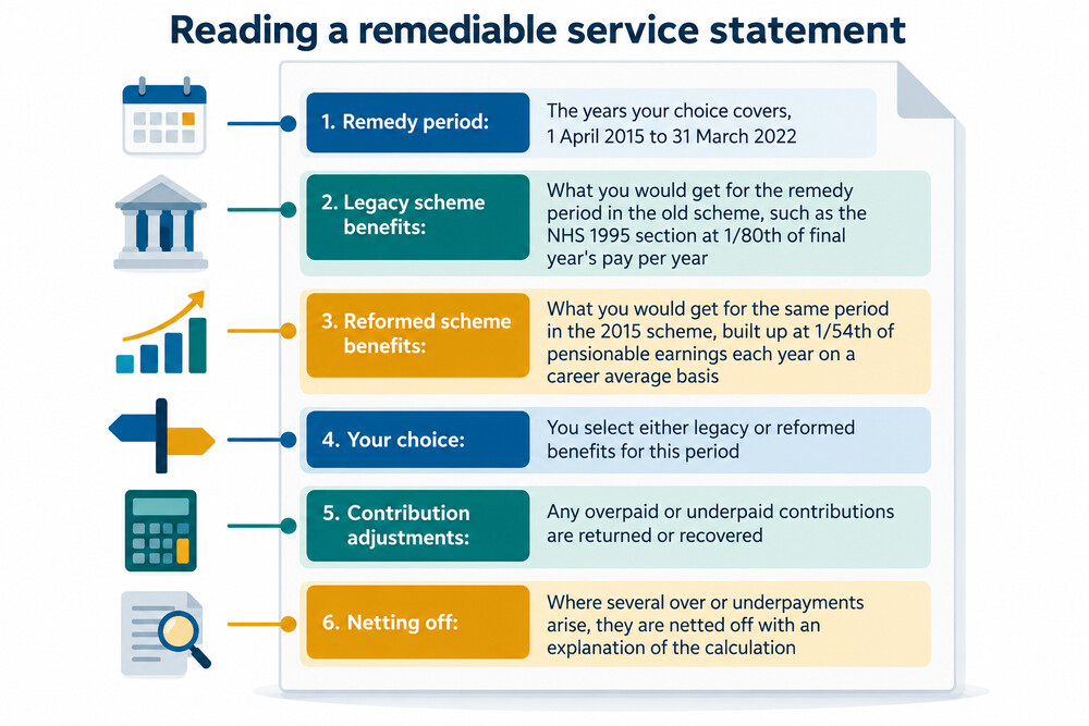An example of a remediable service statement, showing a member's pension built up under legacy and reformed rules side by side