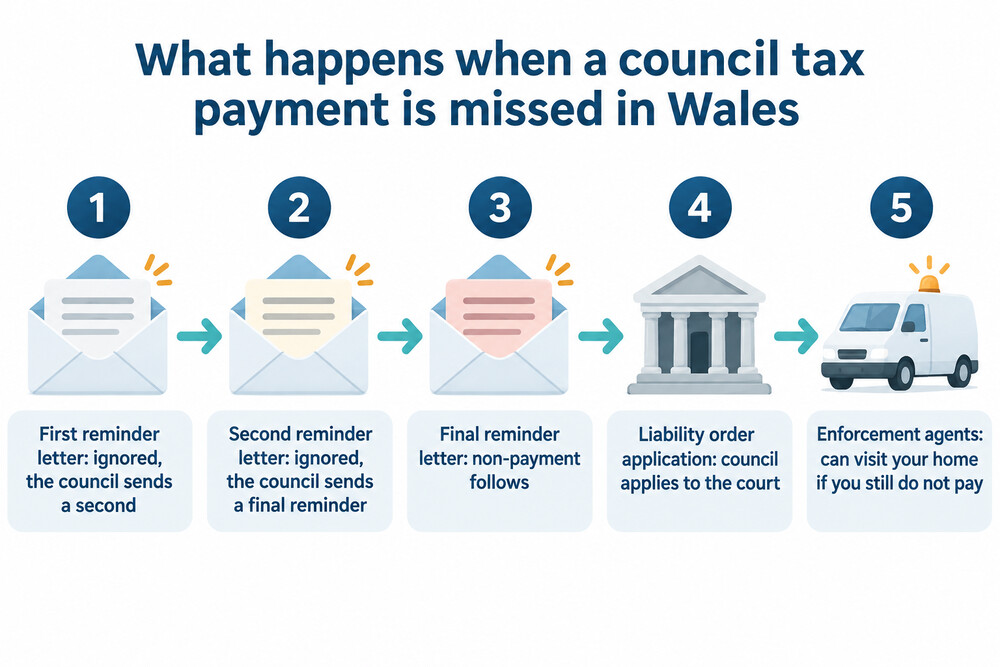 The stages from a missed council tax instalment to a liability order and enforcement agents