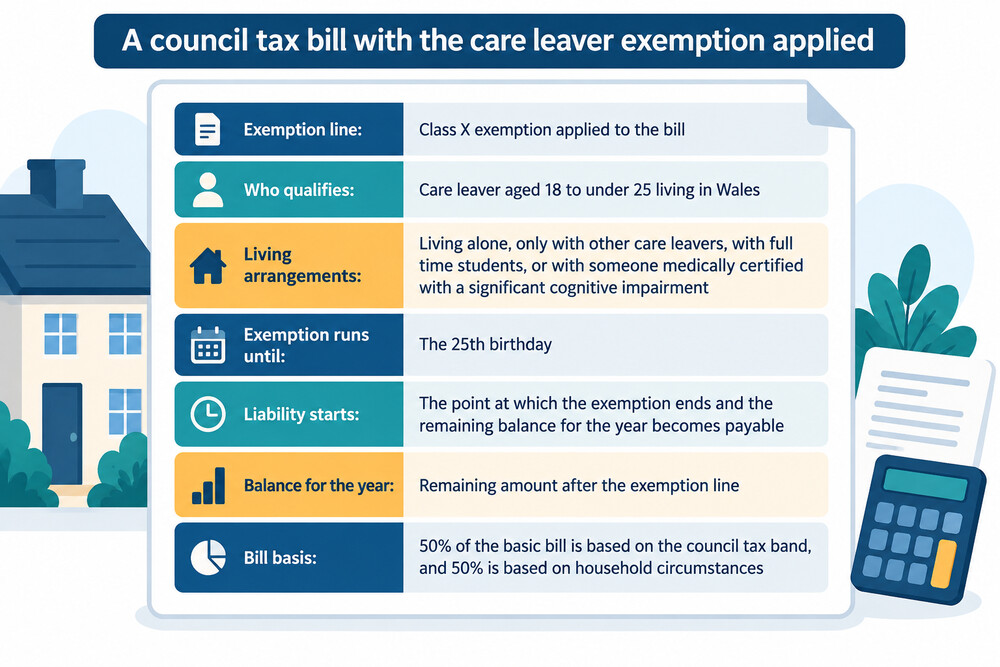 A council tax bill showing the exemption applied and the amount due reduced to zero