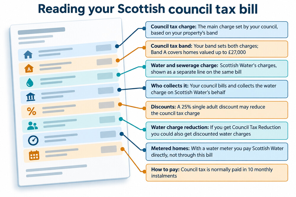 A Scottish council tax bill showing the separate water and sewerage charge lines
