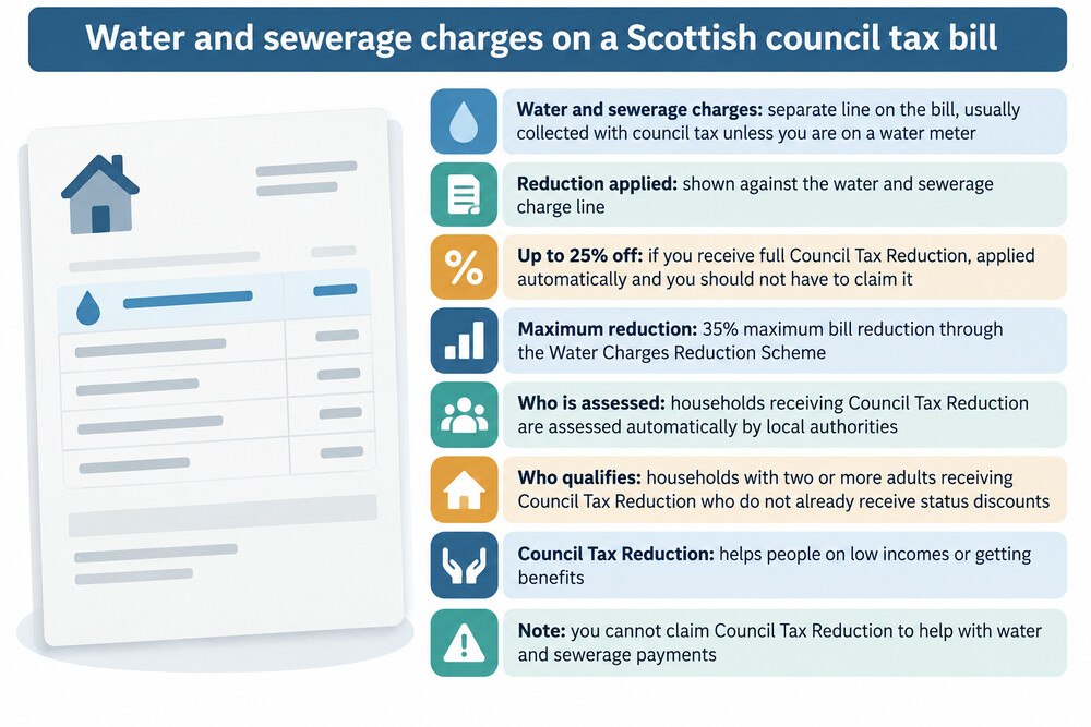 A council tax bill showing the water and sewerage charges line and the reduction applied