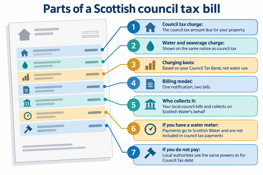 A council tax bill from a Scottish council showing the council tax charge and the separate water and sewerage charge on the same notice