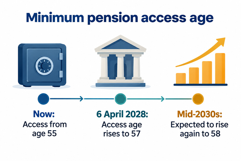 A simple timeline showing the pension access age rising from 55 to 57 in April 2028