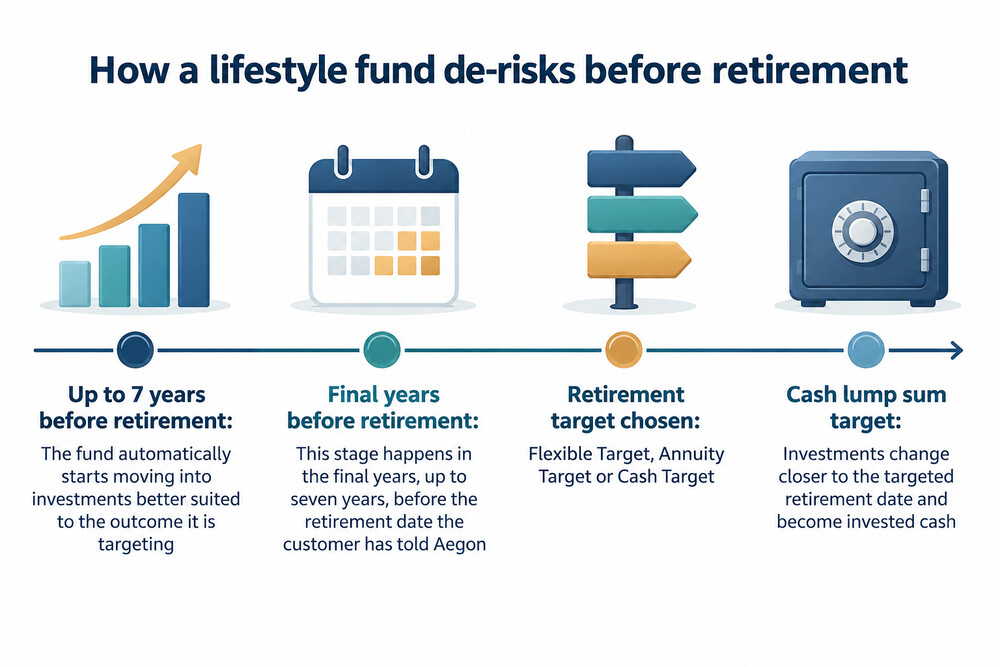 A chart showing a pension fund shifting from growth investments into lower-risk holdings over the seven years before retirement