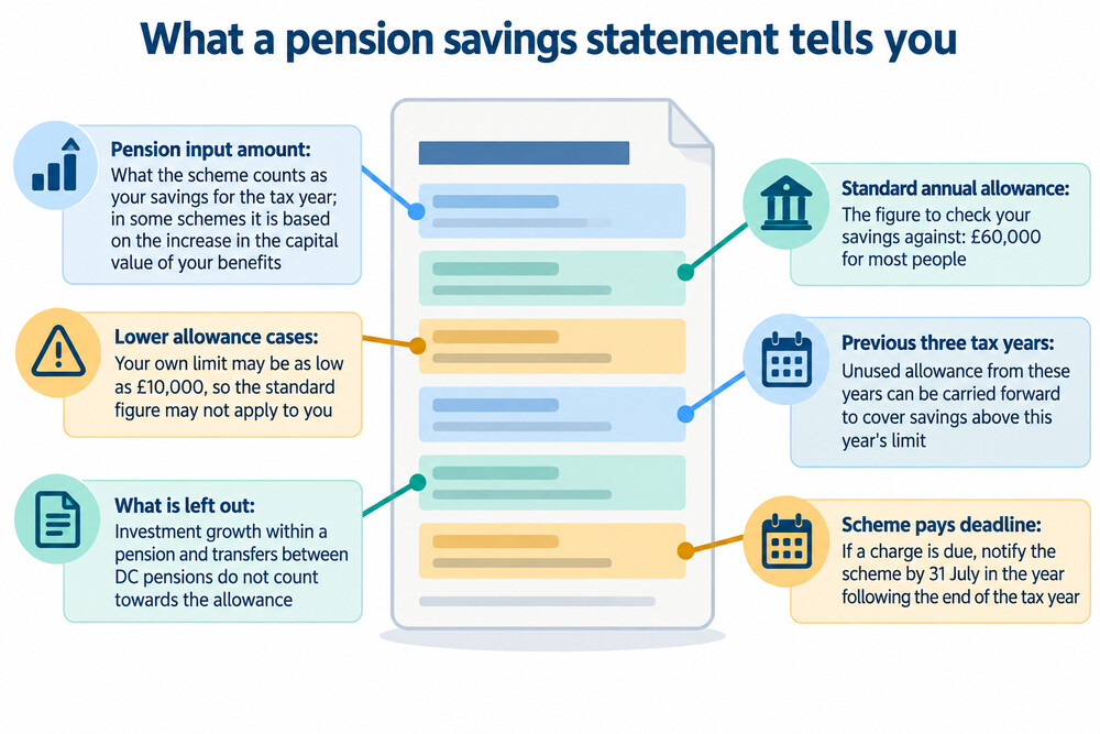 An example of a pension savings statement showing pension input amounts for the current and three previous tax years