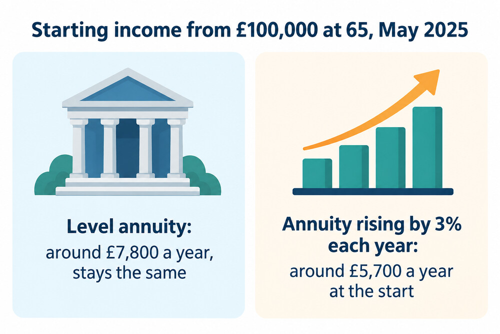 Comparison of a level annuity and a 3% escalating annuity for a 65-year-old with £100,000