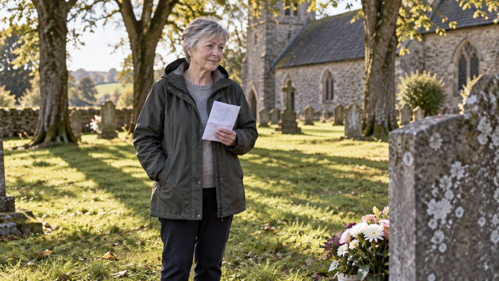 An older woman stands alone in a churchyard holding a letter near a grave.
