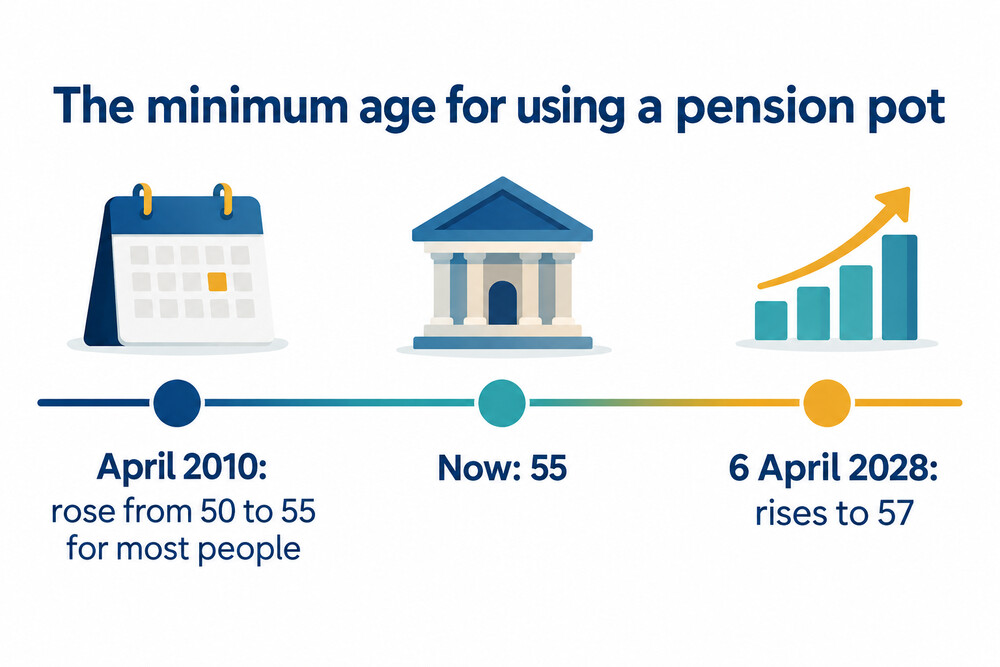 Timeline of the minimum pension age rising from 50 to 55 and then to 57