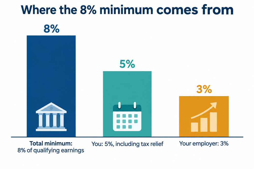 A simple bar showing the 8% minimum split into 3% employer and 5% employee including tax relief