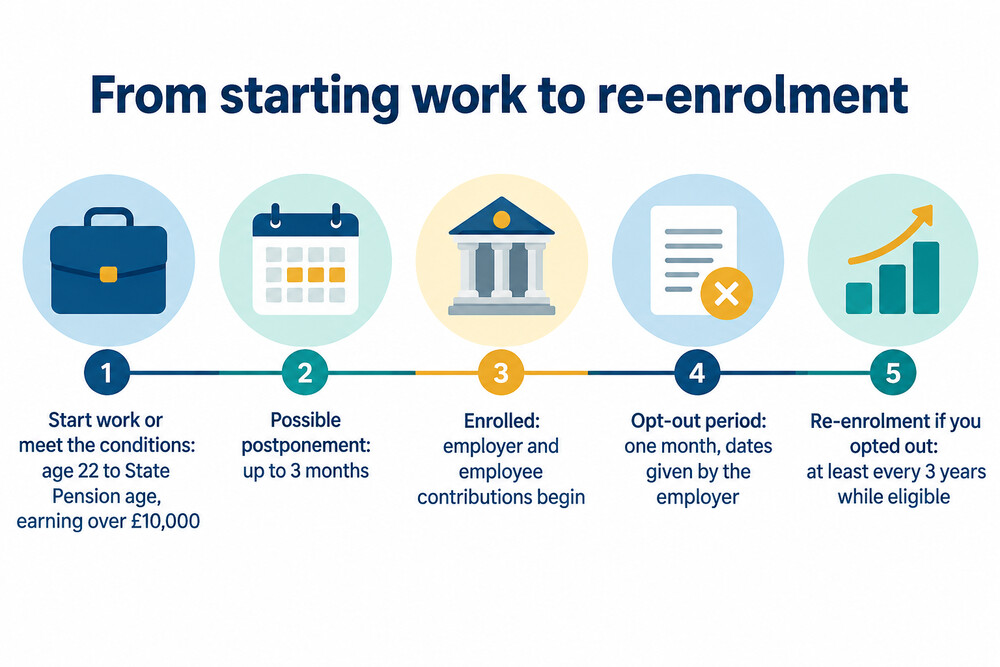 The stages of automatic enrolment from starting work to re-enrolment