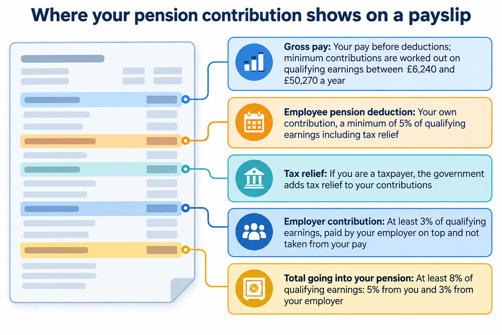 A payslip showing the pension deduction line alongside pay, tax and National Insurance