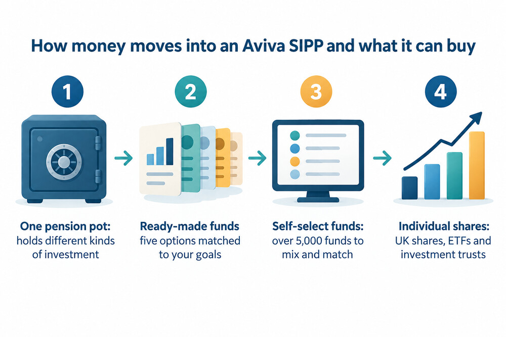 A simple diagram showing money going into a SIPP and being split between ready-made funds, self-select funds and individual shares