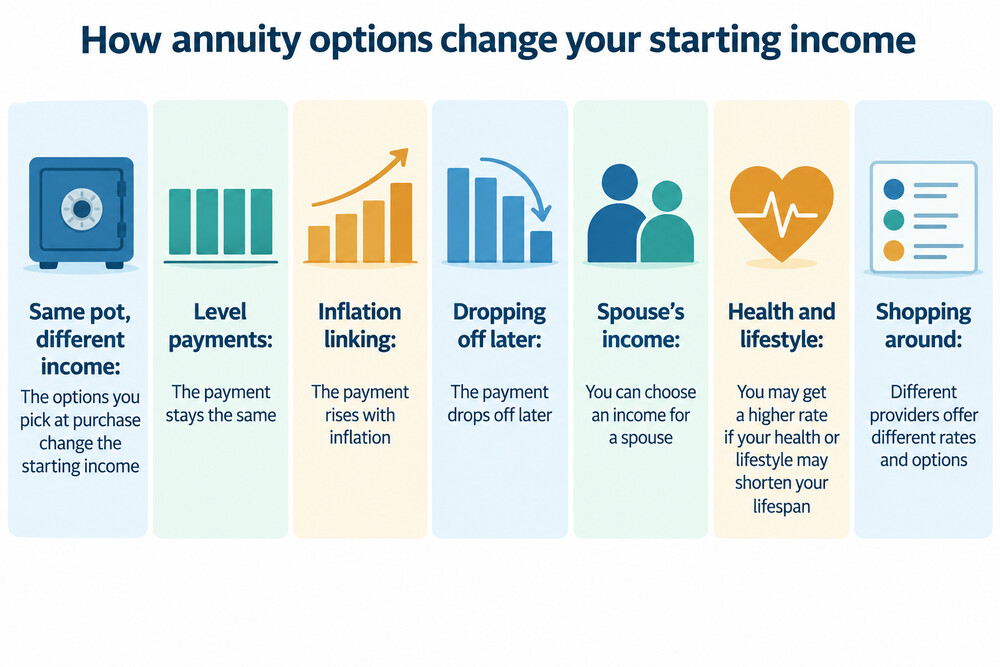 A comparison table showing how the same pension pot produces different starting incomes depending on the annuity options chosen