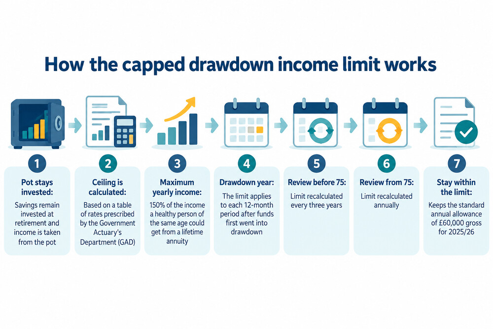 A diagram showing a pension pot split into a 25% tax-free lump sum and a remaining invested fund paying a capped yearly income