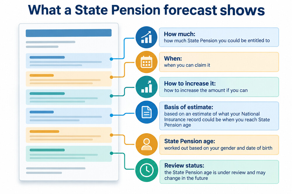A screenshot-style view of the GOV.UK check your State Pension forecast page showing the three answers it gives