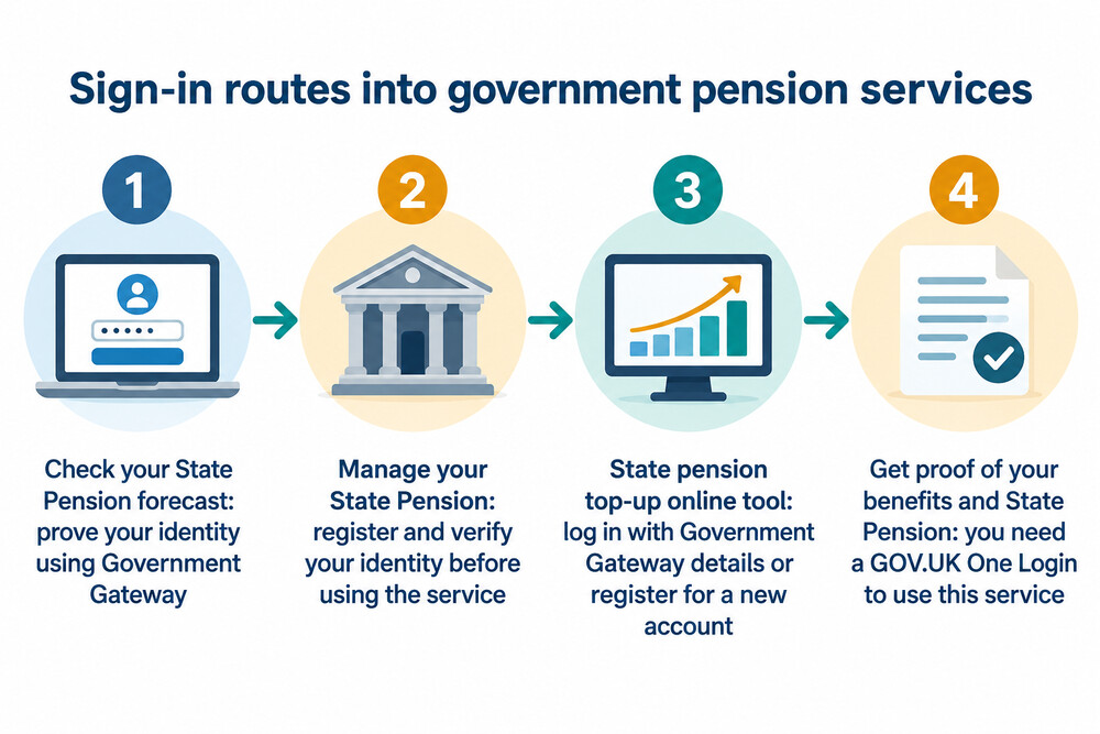 A diagram of the sign-in routes into the different government pension services