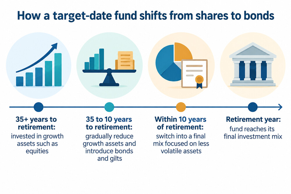 A chart showing a fund shifting from shares to bonds as the retirement year approaches