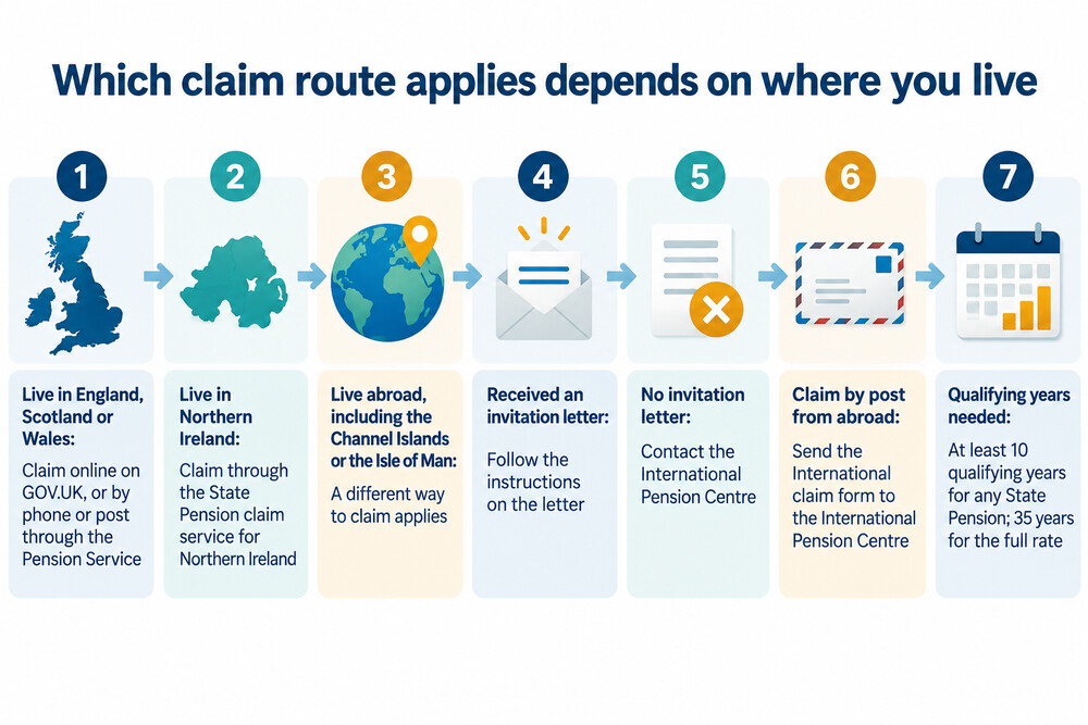 A one-page decision diagram showing which claim route applies depending on where the reader lives