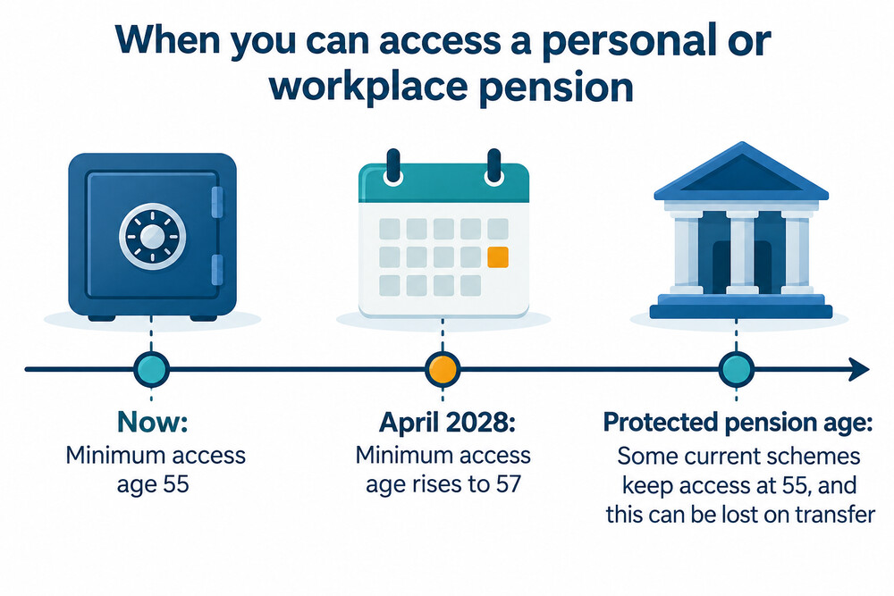 A timeline showing the minimum pension access age at 55 today and 57 from April 2028