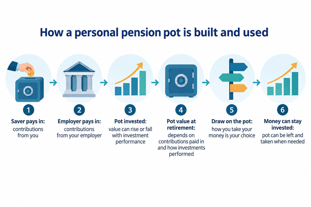 A simple diagram showing money going from a saver and an employer into a pension pot, which is then invested and drawn on at retirement