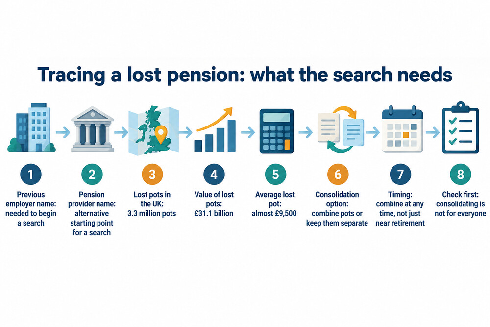 A screenshot-style image of the Pension Tracing Service search page, showing the employer name field
