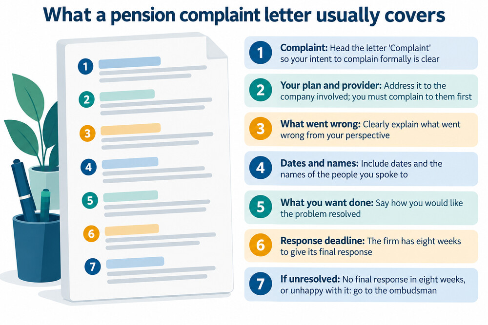 A person writing a formal complaint letter to a pension provider, with pension statements and correspondence on the desk