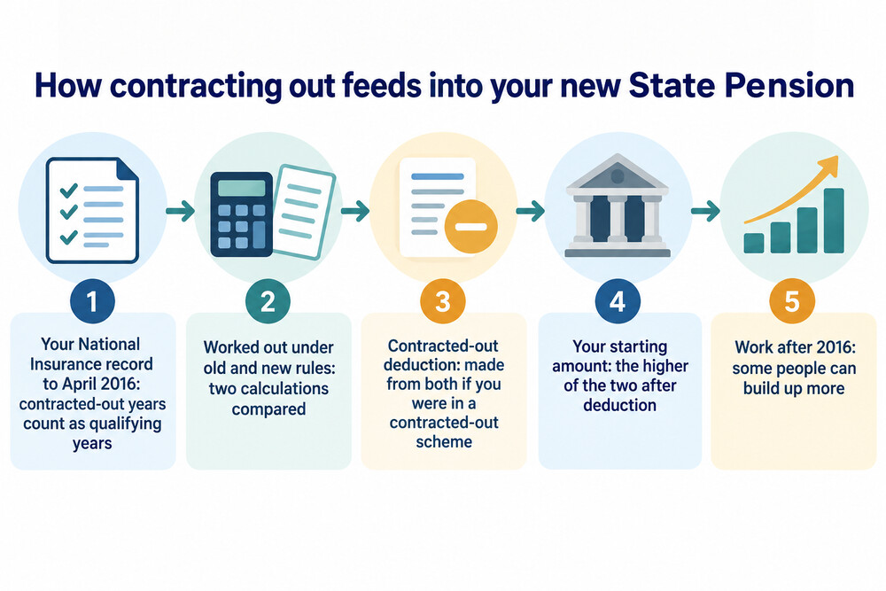 A worked illustration showing how the new State Pension starting amount compares the old and new rules, with a contracted-out deduction taken from each