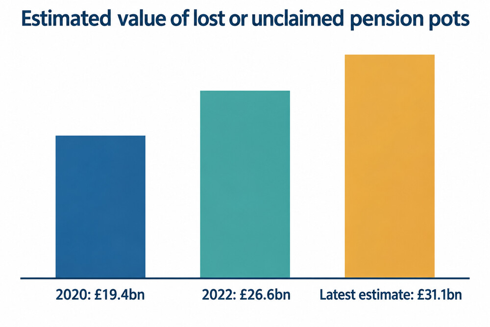 Estimated value of lost pension pots in the UK rising from 2020 to the latest estimate