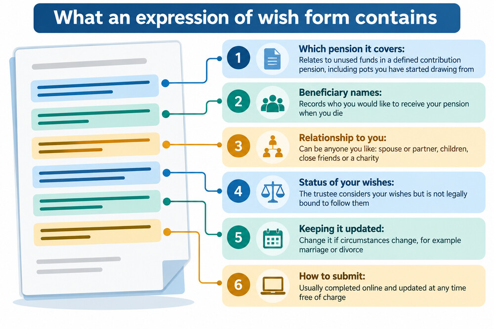 A completed expression of wish form on a table beside a pen and pension paperwork