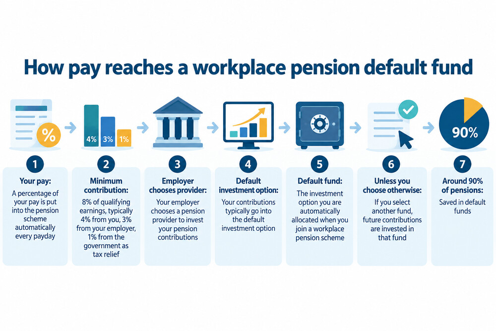 A simple diagram showing pay going into a workplace pension and then into the scheme's default fund
