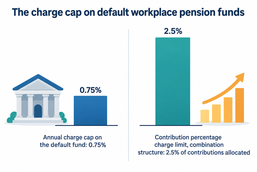 A bar showing the 0.75% annual charge cap on default workplace pension funds