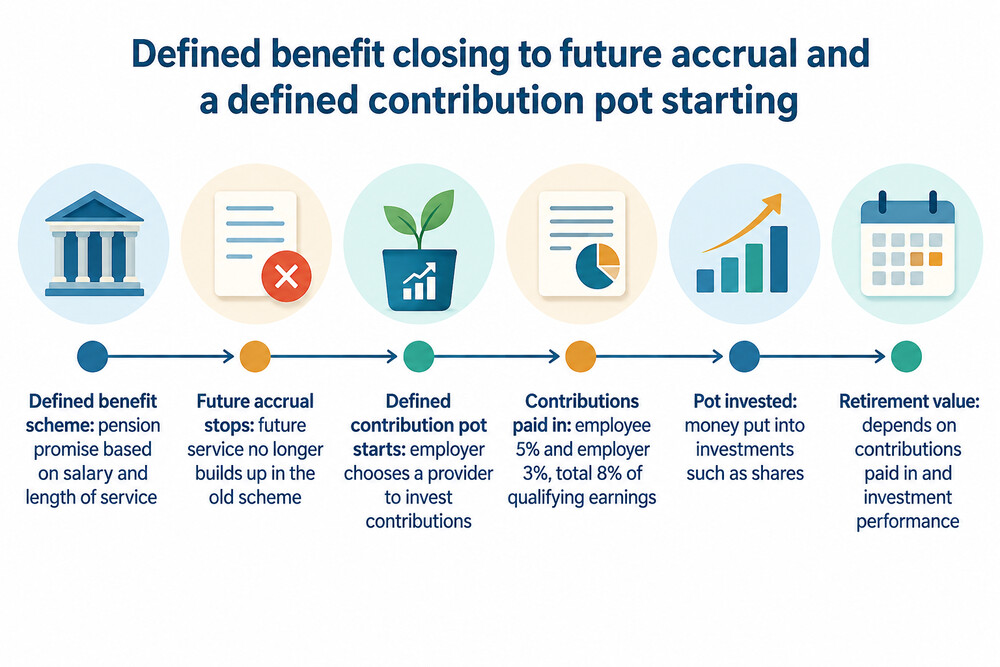 A timeline showing a defined benefit pension closing to future accrual and a defined contribution pot starting