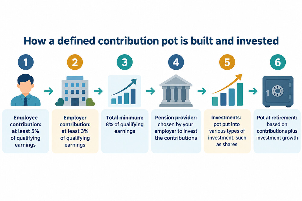 A simple diagram showing money going from an employee and an employer into a pension pot, then being invested