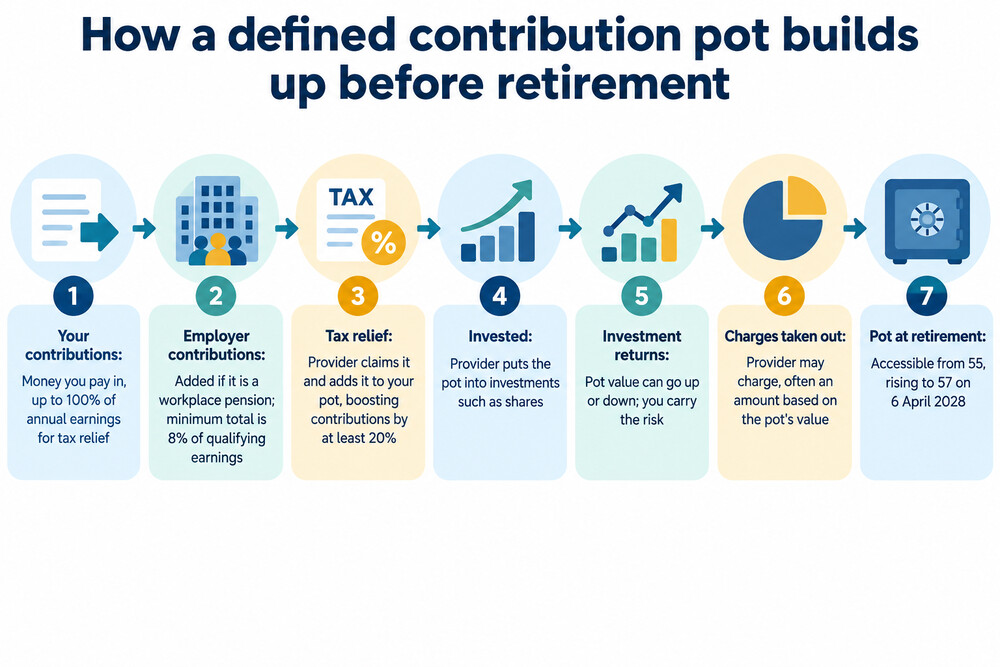A pension pot shown as blocks being stacked up over a working life, with contributions, tax relief and investment growth adding to the stack and charges removing a small block