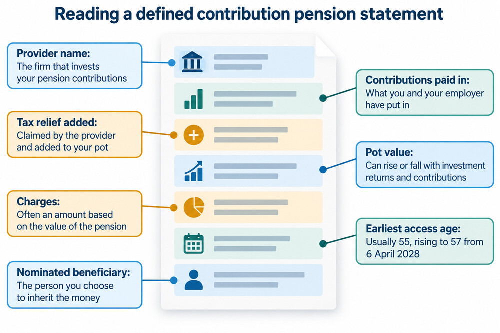 A pension statement next to a checklist for verifying the provider's FCA authorisation on the FCA Register