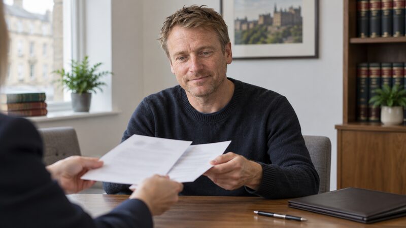 A man sits at a table as two documents are passed to him in a solicitor's consulting room.