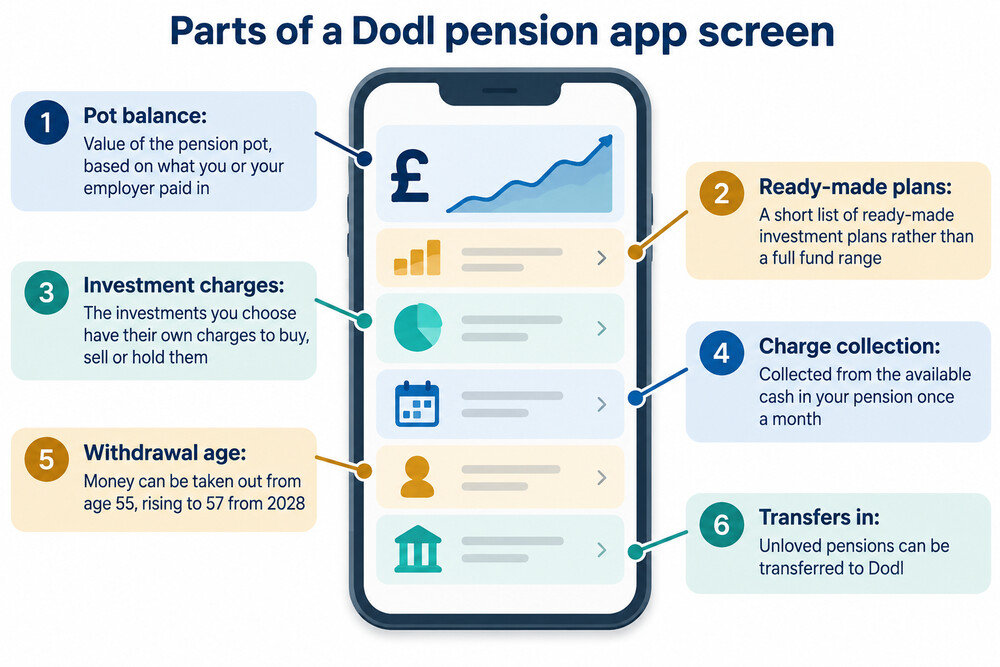 A phone screen showing a pension pot balance and a short list of ready-made investment plans