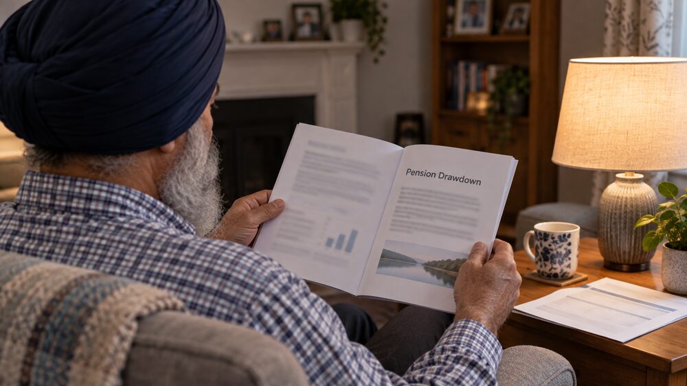 Hands hold a blank statement over a kitchen worktop beside a calculator and folder.