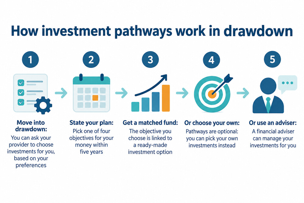 A person at retirement choosing between three routes for their drawdown investments: a ready-made pathway, their own fund choices, or a financial adviser