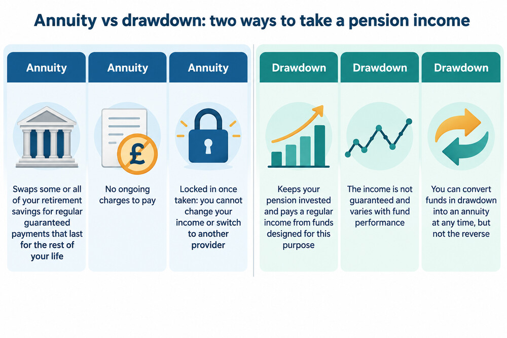 A simple side-by-side of an annuity paying a fixed income for life and drawdown paying a variable income from an invested fund