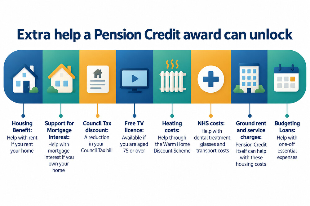 A poster-style image listing the extra help that a Pension Credit award can unlock