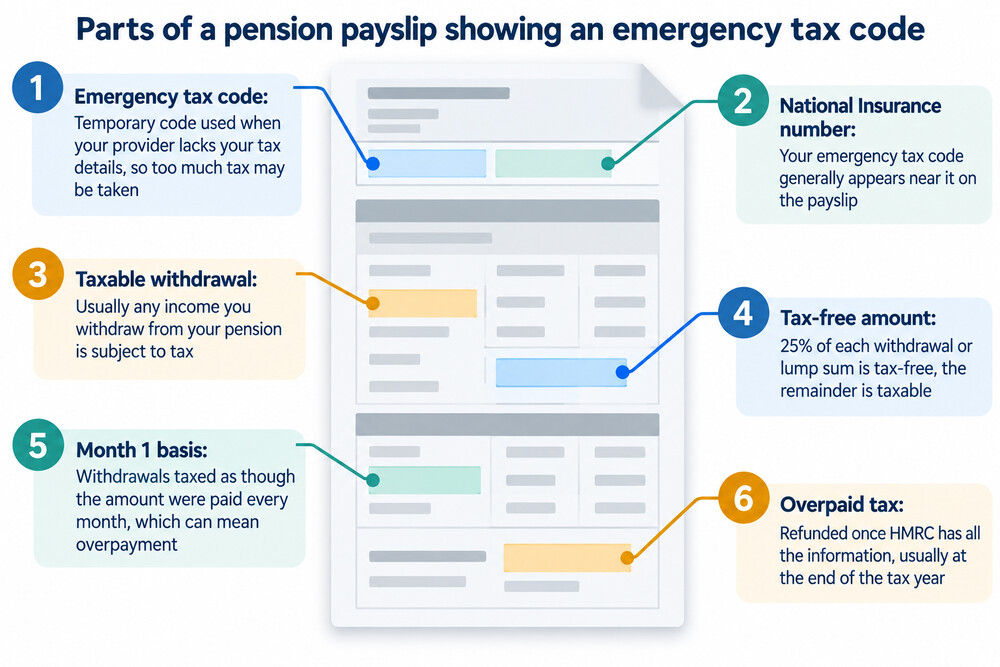 A pension payslip showing an emergency tax code next to the National Insurance number
