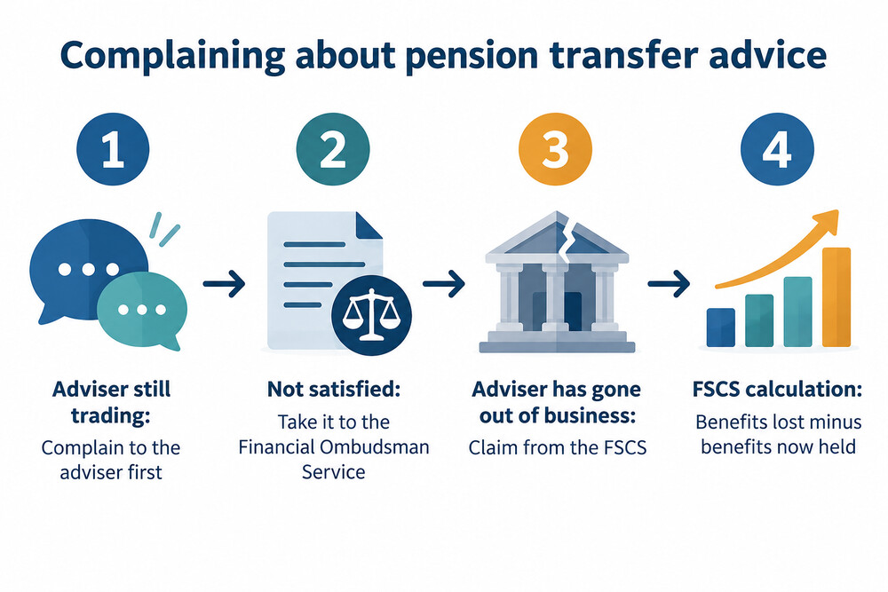 A flow chart of the complaint route: the adviser, then the ombudsman, or the FSCS if the adviser has failed