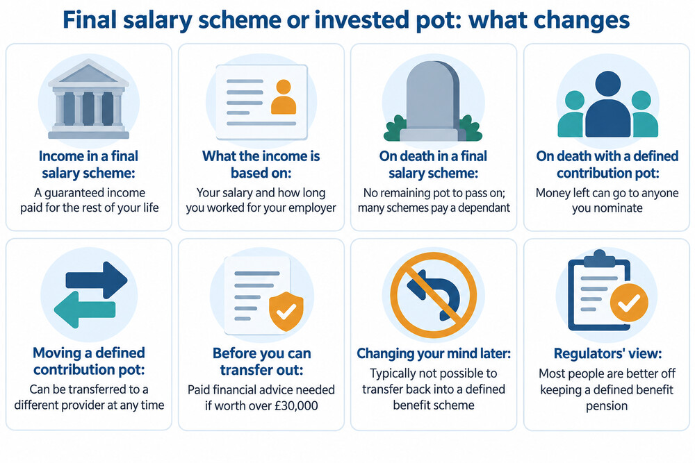 A side-by-side illustration comparing a defined benefit pension, shown as a guaranteed income for life, with a defined contribution pot after transfer, shown as an invested sum that can rise or fall