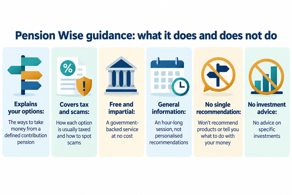 A side-by-side comparison showing Pension Wise guidance as free explanation of options, and regulated financial advice as a paid personal recommendation