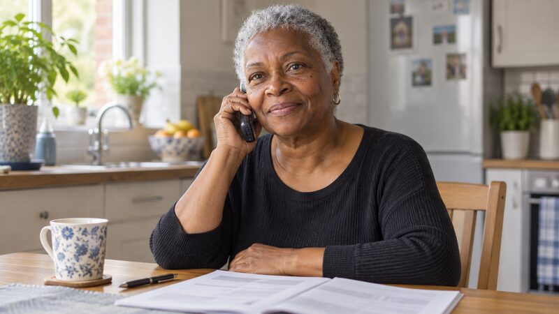 An older woman sits at a kitchen table on a phone call with an open statement and pen in front of her.