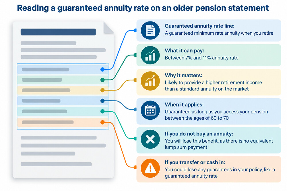 A pension statement with a guaranteed annuity rate line highlighted