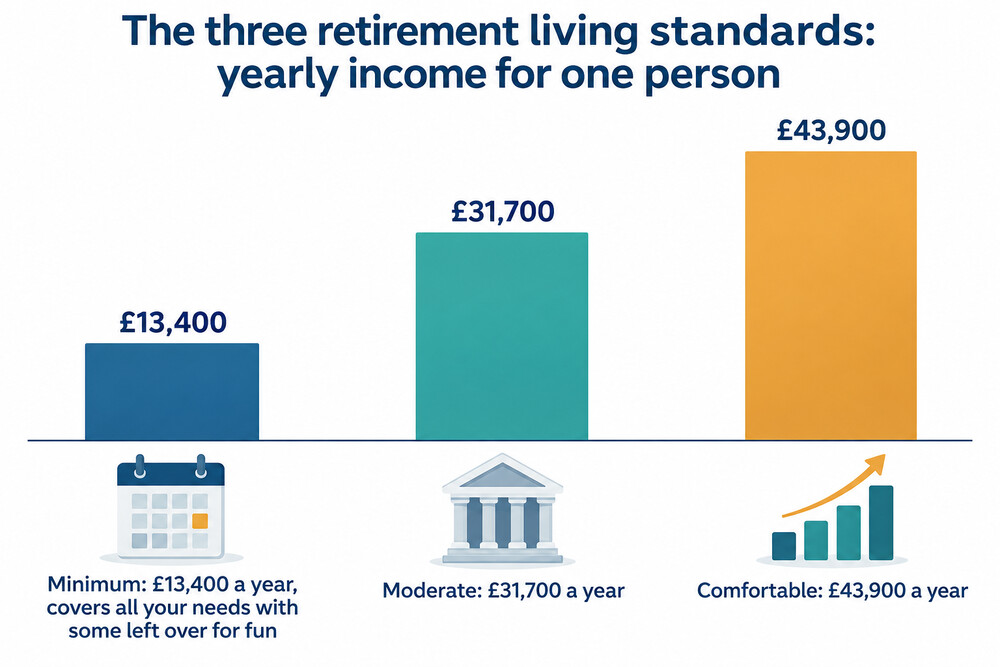 Illustration showing three rising levels of retirement lifestyle, from a basic minimum standard to a comfortable standard, with the yearly income each one needs