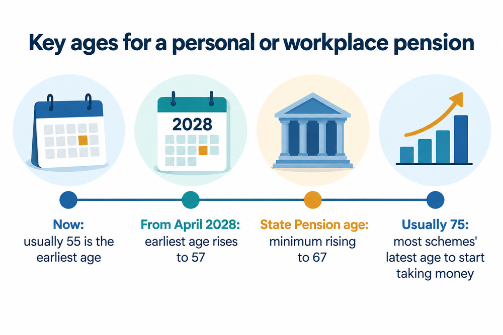 A timeline showing the ages at which a private pension can and must be taken