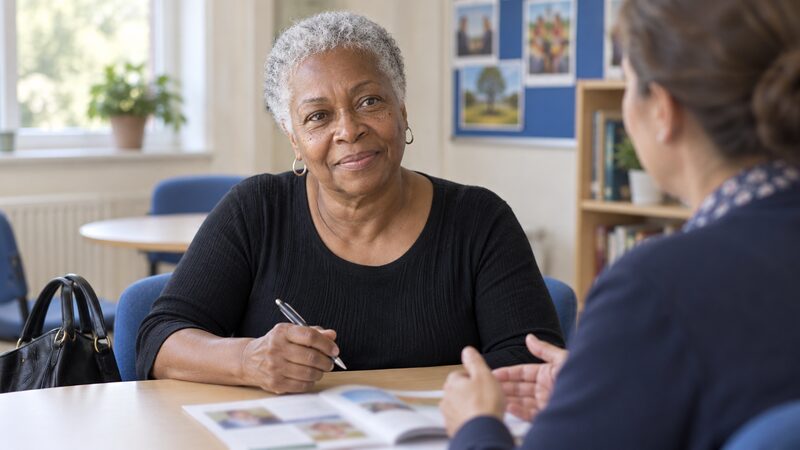 An older woman sits at a table opposite an adviser with a leaflet between them, holding a pen.